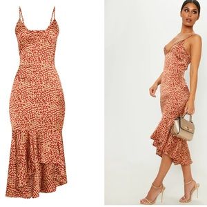 Never worn red and gold midi leopard midi dress